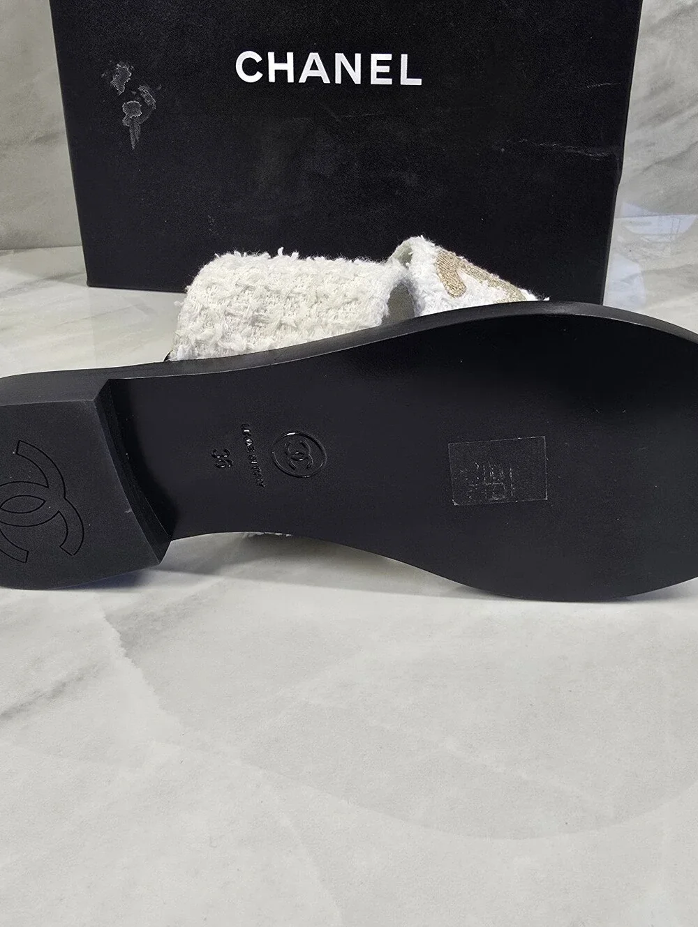 Chanel White Tweed & Gold Logo Slide Sandals